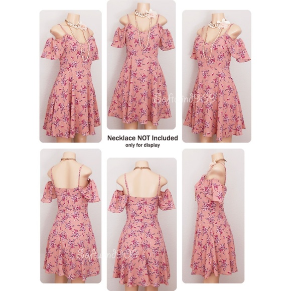 Blush Pink Floral Flutter Off Shoulder Cute Dress - Picture 7 of 8